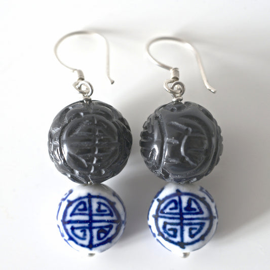 *SHANGHAI PORCELAIN & ONYX DOUBLE HAPPINESS EARRINGS